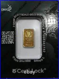 2 Gram. 9999 Fine Gold Bar Scottsdale Mint Certi-Lock Card
