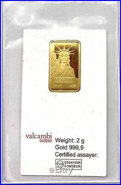 2 Gram CREDIT SUISSE-VALCAMBI SUISSE MTB 24KT. 9999 Fine Gold Bar In Assay