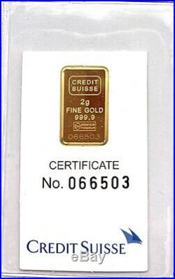 2 Gram CREDIT SUISSE-VALCAMBI SUISSE MTB 24KT. 9999 Fine Gold Bar In Assay