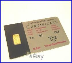 2 Gram Gold Bar 24k Tgr Bullion 999.9 Fine North American Assay Ltd Quantities