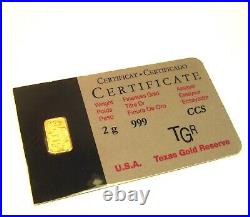 2 Gram Gold Or Oro Bar Lingot Barra 24k Tgr Bullion 9999 Fine N. American Assay