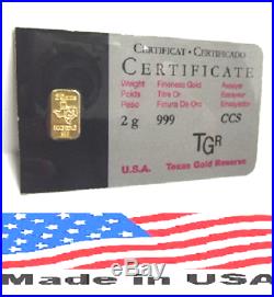 2 Gram Gold Or Oro Bar Lingot Barra 24k Tgr Bullion 999.9 Fine N. American Assay