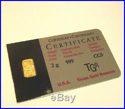 2 Gram Gold Or Oro Bar Lingot Barra 24k Tgr Bullion 999.9 Fine N. American Assay