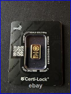 2 Gram Scottsdale Lion. 9999 Fine Gold Bar in Assay New Sealed CERTI LOCK
