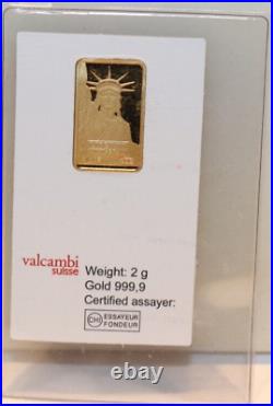2 Grams. 9999 Fine Gold Credit Suisse Statue Of Liberty Bar 065702