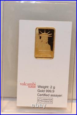 2 Grams. 9999 Fine Gold Credit Suisse Statue Of Liberty Bar 065721