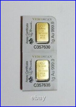 (2) X 1 gram Gold Bar PAMP Suisse Fortuna 999.9 Fine in Sealed Assay