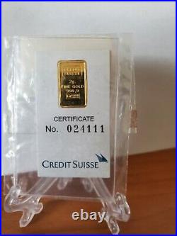 2 gram Credit Suisse Gold Bar 999.9 Fine