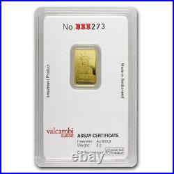 2 gram Credit Suisse Statue of Liberty. 9999 Fine Gold Bar In Assay Card