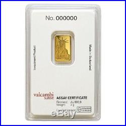 2 gram Credit Suisse Statue of Liberty Gold Bar. 9999 Fine (In Assay)