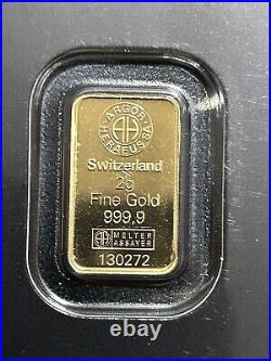 2 gram Gold Bar 999.9 Fine in Assay Argor Heraeus W Hologram & Certification #