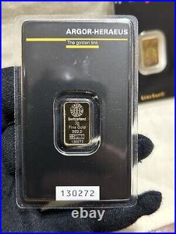 2 gram Gold Bar 999.9 Fine in Assay Argor Heraeus W Hologram & Certification #