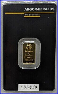 2 gram Gold Bar Argor Heraeus- 999.9 Fine