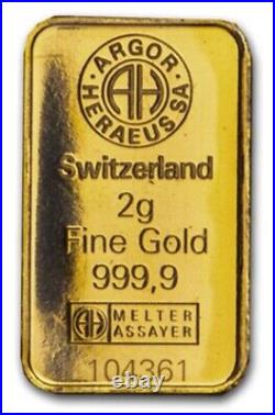 2 gram Gold Bar Argor Heraeus Kinebar Hologram 999.9 Fine in Assay