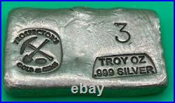 3 oz. 999 Fine Silver HAND Poured Bar Prospector's Gold & Gems bullion