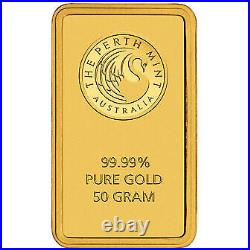 50 Gram Perth Mint Gold Bar. 9999 fine (New with Assay)