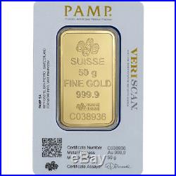 50 gram Gold Bar PAMP Suisse Fortuna 999.9 Fine in Sealed Assay