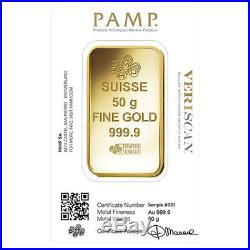 50 gram Gold Bar PAMP Suisse Lady Fortuna Veriscan. 9999 Fine (In Assay)
