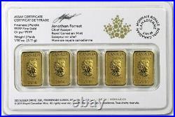 (5) 2016 $25 Royal Canadian Mint Gold Bar Coin 1/10 oz (BU) 24KT. 9999 Fine Gold