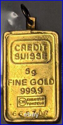 5 Gram. 9999 Fine Gold Credit Suisse Fine Gold Pendant Bar in 14K Bezel 5g Bar