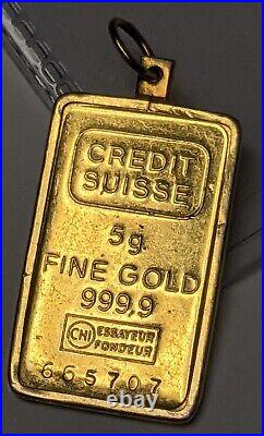 5 Gram. 9999 Fine Gold Credit Suisse Fine Gold Pendant Bar in 14K Bezel 5g Bar