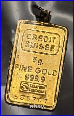 5 Gram. 9999 Fine Gold Credit Suisse Fine Gold Pendant Bar in 14K Bezel 5g Bar