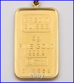 5 Gram Credit Suisse 9999 Fine Gold Bar Pendant with 18k Bezel Serial #213252