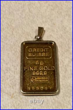 5 Gram Credit Suisse Fine Gold Bar Pendant / Charm with 18k Bezel