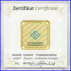 5 Gram Geiger Edelmetalle Square Gold Bar (New with Assay). 9999 Fine Gold