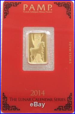 5 Gram Pamp Swiss 2014 Lunar Horse Solid Fine 999.9 Gold Bullion Bar Sealed