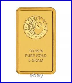 5 Gram Perth Mint Australia 999,9 Fine Gold Bar Sealed in Black Assay Card 5 Gram Perth Mint Australia 999,9 Fine Gold Bar Sealed in Black Assay Card