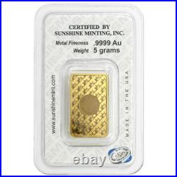 5 Gram Sunshine Mint. 9999 Fine Gold Bar In Assay Mint Mark SI