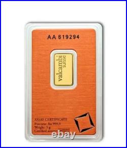5 Gram Valcambi. 9999 Fine Gold Bar in Assay 5 Gram Valcambi. 9999 Fine Gold Bar in Assay