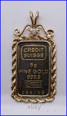 5 Grams Fine Gold Suisse Bar inside 14k Gold Diamond Frame 7.60 Grams Total