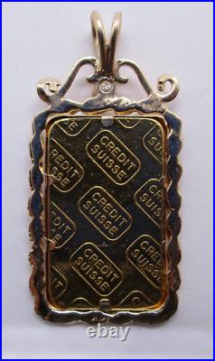 5 Grams Fine Gold Suisse Bar inside 14k Gold Diamond Frame 7.60 Grams Total