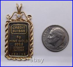 5 Grams Fine Gold Suisse Bar inside 14k Gold Diamond Frame 7.60 Grams Total