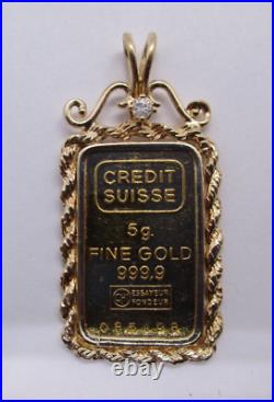 5 Grams Fine Gold Suisse Bar inside 14k Gold Diamond Frame 7.60 Grams Total