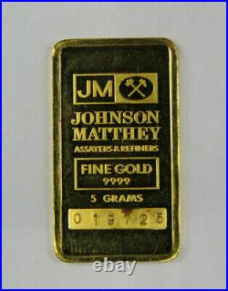 5 Grams Gold Bar JM Johnson Mathey 9999 Fine Gold 019725