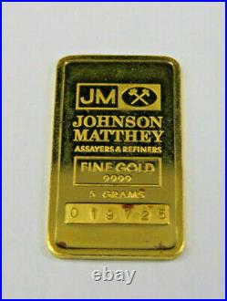 5 Grams Gold Bar JM Johnson Mathey 9999 Fine Gold 019725