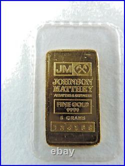5 Grams Gold Bar JM Johnson Mathey 9999 Fine Gold 034169 Original Seal