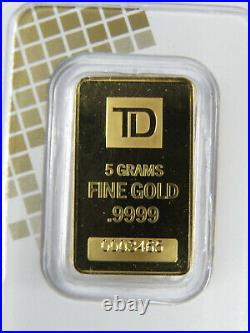 5 Grams Gold Bar TD Bank Canada 9999 Fine Au 0003465 Toronto Dominion Sealed