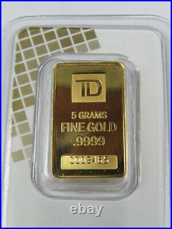 5 Grams Gold Bar TD Bank Canada 9999 Fine Au 0003465 Toronto Dominion Sealed