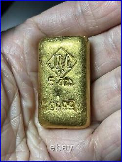5 Oz JM Johnson Matthey Vintage Gold Bar Ingot Poured 9999 Fine Diamond & Hammer