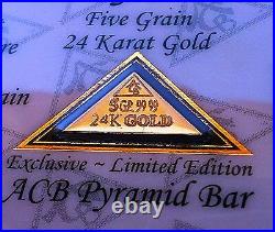 5 Pack of ACB GOLD PYRAMID 5GRAIN 24K SOLID BULLION MINTED BAR 99.99 FINE COA