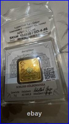 5 gram. 9999 Fine Gold Bar Geiger Edelmetalle (Encapsulated withAssay)