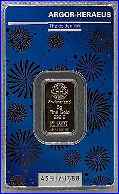 5 gram Gold Bar 2023 Year of the Rabbit Argor Heraeus- 999.9 Fine