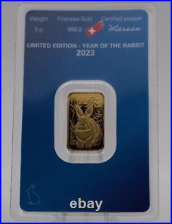5 gram Gold Bar 2023 Year of the Rabbit Argor Heraeus- 999.9 Fine