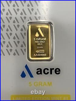 5 gram Gold Bar Acre Gold Limited Edition 999.9 Fine in Sealed Assay