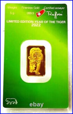 5 gram Gold Bar Argor-Heraeus 2022 Year of the Tiger (In Assay). 9999 Fine