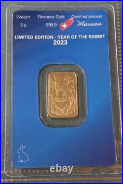 5 gram Gold Bar Argor Heraeus 2023 Lunar Year of the Rabbit 999.9 Fine in Assay
